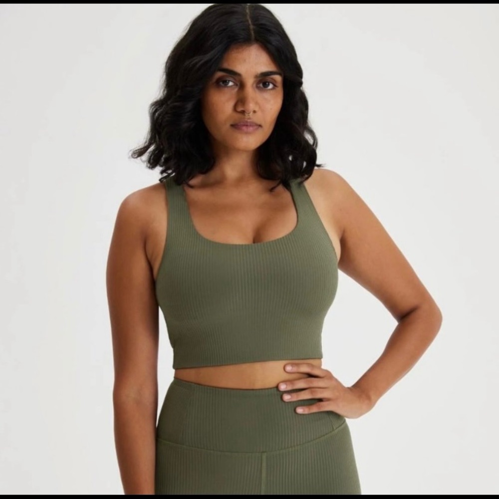 GIRLFRIEND COLLECTIVE RIB Paloma Racerback Bra in Cypress Green NWT